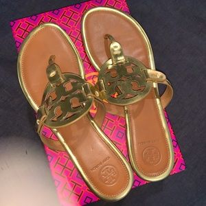Metallic Gold and brown Tory Burch Miller sandals